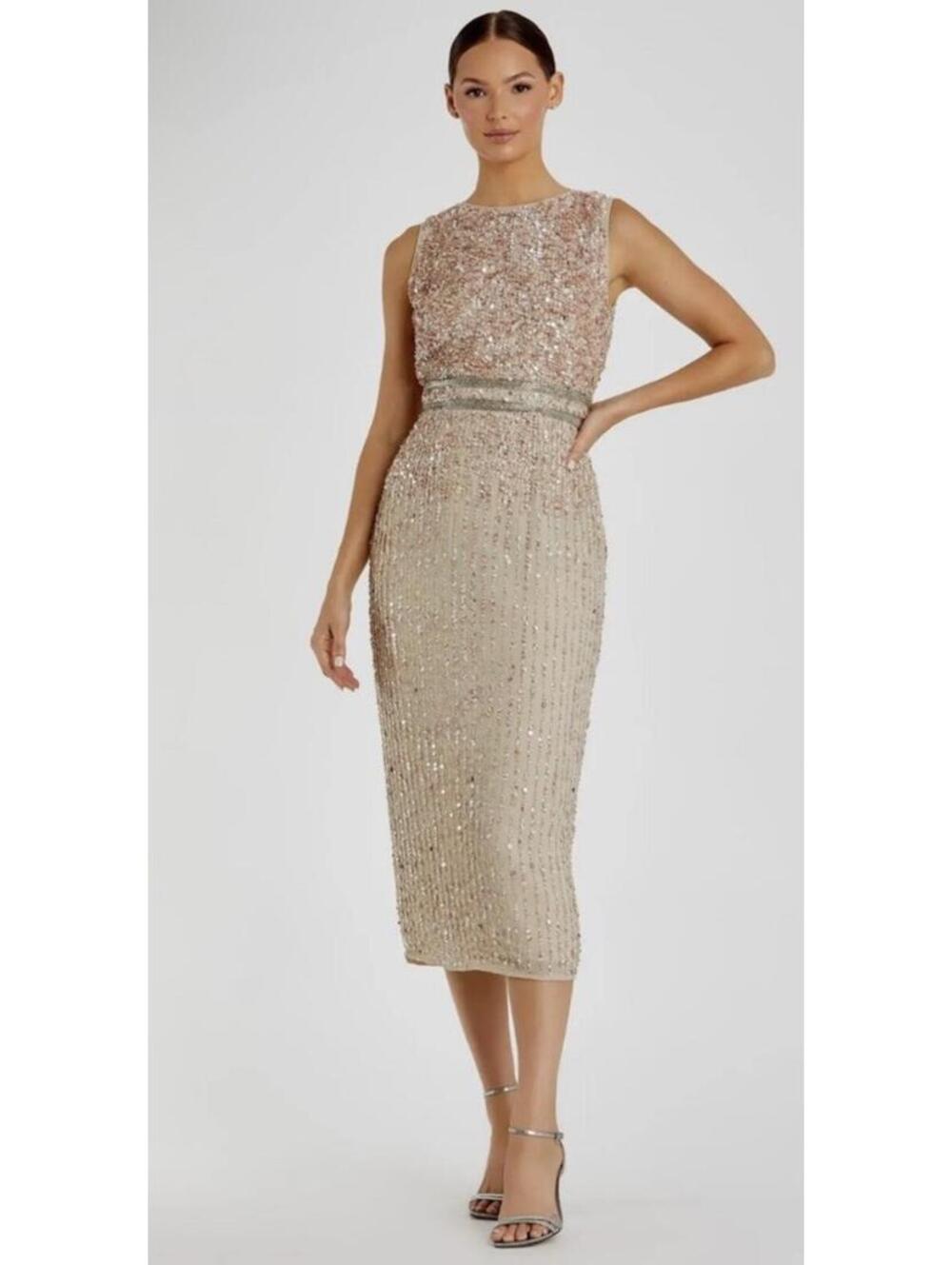 New Mac Duggal Nude Sleeveless High Neck Beaded Midi Sheath Dress Sz 16 $298